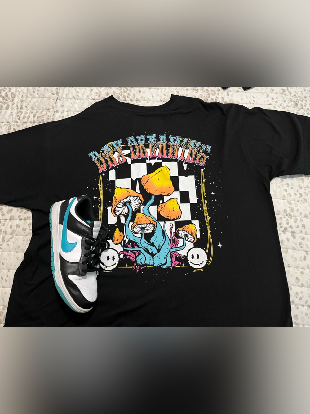 Black Graphic Mushroom Checkerboard Tee with Multicolor Art